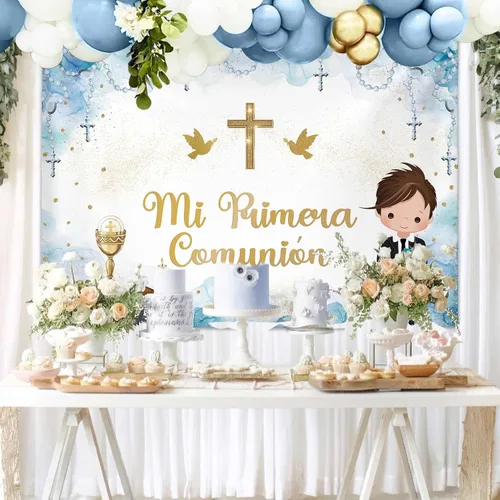 Miniatura 5 de MEHOFOND Fondo de fotografía Mi Primera de 7 x 5 pies, color azul pastel, Mi Bautizo, para niño, cáliz, bautismo, dios bendiga bautizo, decoración