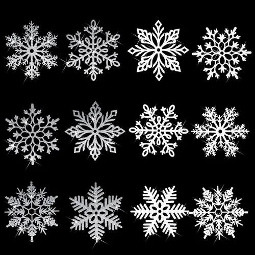 Miniatura 13 de Sratte Paquete de 24 adornos de copos de nieve grandes con purpurina de 12 pulgadas, decoración gigante de plástico para colgar en invierno, Plata
