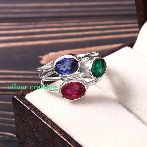 Miniatura 3 de Zafiro azul - Esmeralda - Anillo de plata con piedras preciosas de rubí Anillo de 3 piedras Joyería de plata creativa
