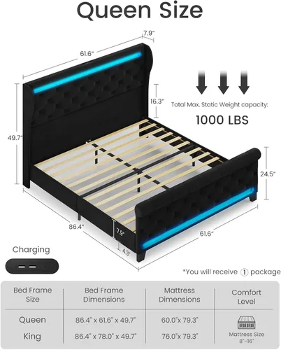 Miniatura 2 de Belffin Estructura de Cama Tamaño Queen con Cabecero, Cabecero Alto de 50" Cama Plataforma Tapizada en Terciopelo con Luces LED y 2 Puertos USB/1
