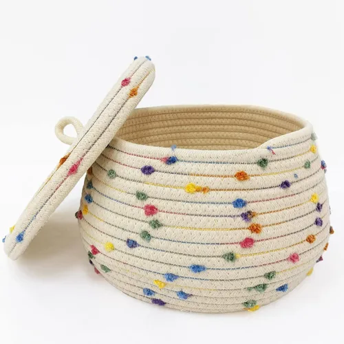 Esme L&H Cesta pequeña de cuerda con tapa, pequeña cesta de almacenamiento tejida redonda de 10 x 6 pulgadas con tapa para organizar, pequeña