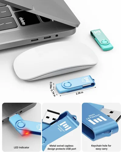 Miniatura 2 de MOSDART Unidad flash USB 2.0 de 64 GB, con bucle para llavero, diseño giratorio con luz LED, memoria USB exFAT para computadoras, respaldo del Azul