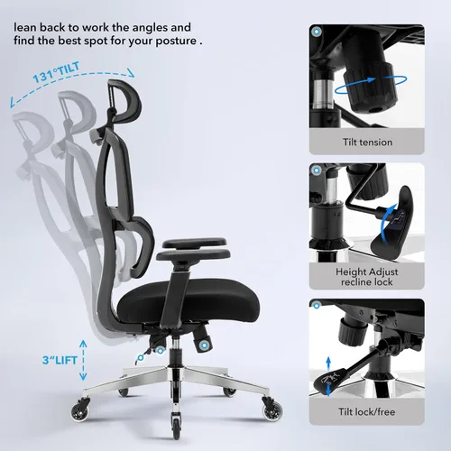 Miniatura 7 de Silla ergonómica de oficina con respaldo alto Ruedas de hoja rodante Silla de malla para ejecutivos, asistentes a la oficina, trabajo desde
