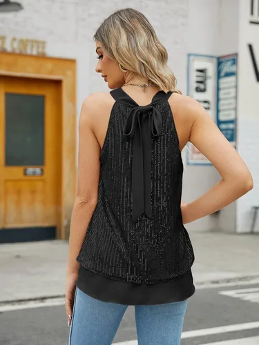 Miniatura 4 de JASAMBAC Camisetas de lentejuelas para mujer, chaleco sin mangas brillante con purpurina para concierto, camiseta de concierto brillante