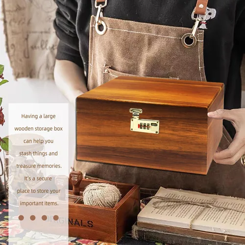 Miniatura 4 de MFLUEEWR Caja Grande de Madera con Tapa con Bisagras con Cerradura de Combinación, Caja de Almacenamiento de Madera Cofre Decorativo con Cerradura