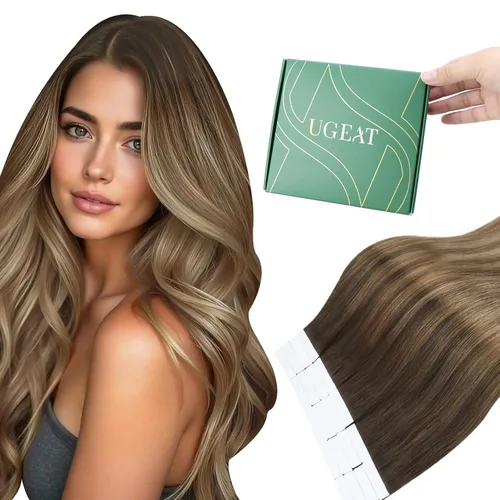 Miniatura 12 de Ugeat - Extensiones de cabello humano con cinta adhesiva, color marrón, extensiones de cabello humano, color marrón oscuro a rubio caramelo, Cinta