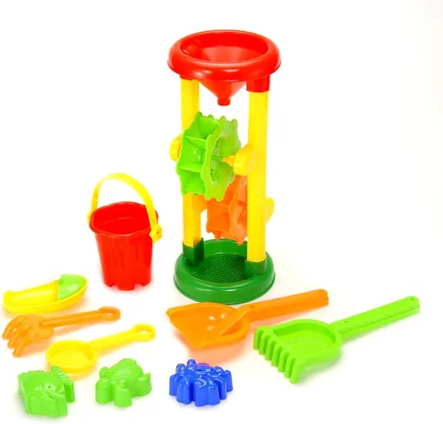 PowerTRC Rueda de agua de doble arena, juguete de torre, juguetes de playa para niños de 4 a 8 años, cubo de playa, palas, 3 moldes de arena, vela,