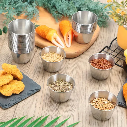 Miniatura 6 de Mimorou 100 moldes de metal de 2.5 onzas para salsa de acero inoxidable, recipientes de salsa a granel, cuencos redondos, tazones de condimento
