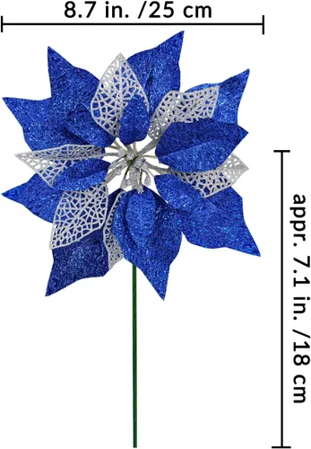 Miniatura 3 de Juego de 14 flores de Pascua de 8.7 pulgadas de ancho, 4 capas de flores de pascua con purpurina azul para árbol de Navidad, coronas, guirnaldas