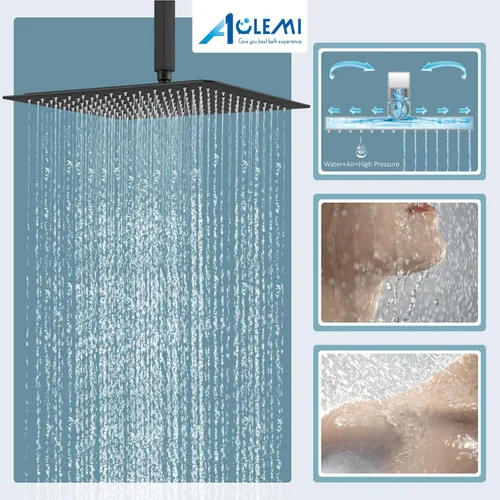 Miniatura 2 de Aolemi Sistema de ducha de montaje en techo de 16 pulgadas, cabezal de ducha de lluvia negro mate con 3 funciones, rociador de mano ABS para baño