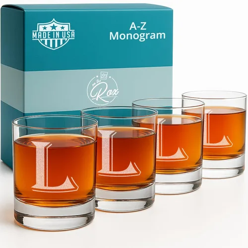 Miniatura 15 de On The Rox Drinks Juego de 4 vasos de vidrio grabados con monograma B, 11 onzas