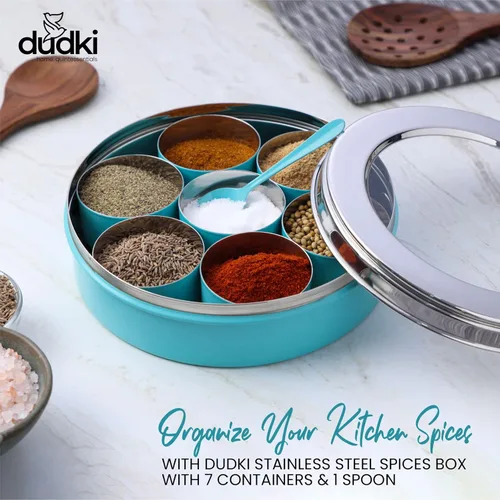 Miniatura 6 de DUDKI Homes - Caja Masala de acero inoxidable, caja de especias, Masala Dabba con organizador de cocina con tapa transparente con 7 recipientes