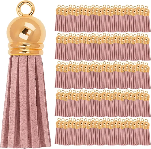 Miniatura 122 de Mandala Crafts 100 borlas de gamuza sintética color aguamarina con tapa dorada, suministros para hacer llaveros a granel, pequeñas borlas de cuero