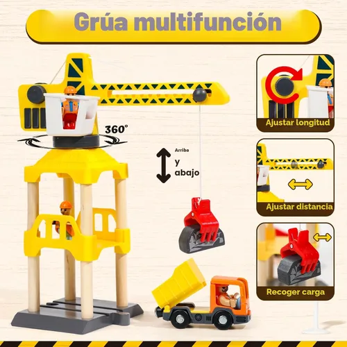 Miniatura 4 de Lehoo Castle Juego de tren de madera, juguetes de construcción para niños de 2 a 4 años, pista de tren de madera para niños con grúa, juguetes
