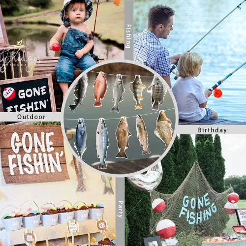Miniatura 3 de Gone Fishing String - Cartel colgante para cumpleaños, bienvenida, hogar, vacaciones, reunión familiar, competencia de pesca de lubina, estanque