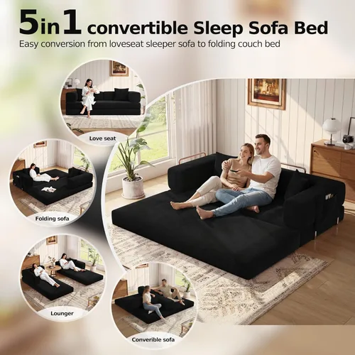 Miniatura 8 de MoonSpeak Sofá cama de 78.8 pulgadas para sala de estar, sofá modular convertible con almohada para reposabrazos, sofás modulares plegables de pana