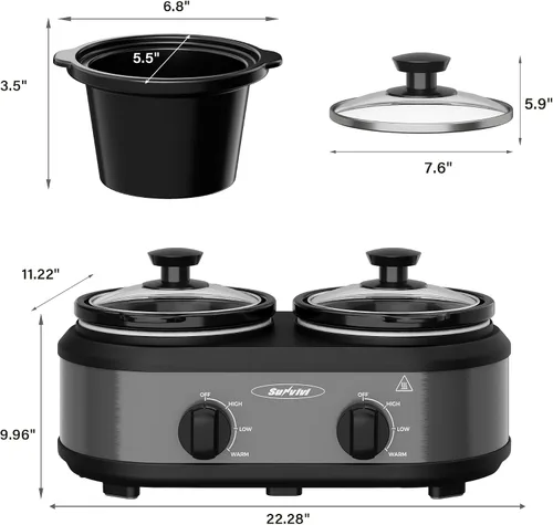 Miniatura 7 de Sunvivi Olla de cocción lenta doble, servidores de buffet y calentador con 2 ollas de cerámica extraíbles, calentador de alimentos de cocción lenta