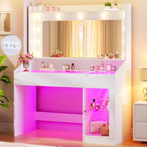 Miniatura 10 de HUAHUU Escritorio grande con espejo y luces, tocador de maquillaje de 54.3 pulgadas con 4 gabinetes RGB y 4 cajones, juego de tocador blanco