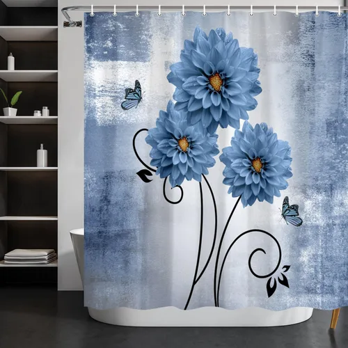 Miniatura 2 de Cortina de ducha floral con flores de dalia azul y mariposas, cortinas de ducha para baño, juego de cortina de ducha rústica con ganchos, 69 x 70