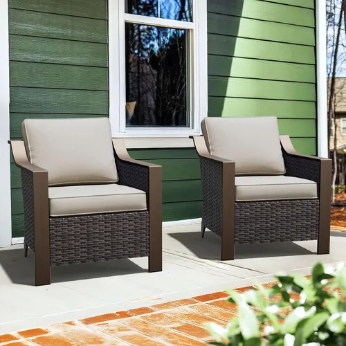 Miniatura 15 de Juego de 2 sillas giratorias de metal para patio, juego de muebles de conversación de mimbre, tapizados y mecedoras deslizantes de 360 grados, ratán