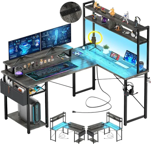 Miniatura 9 de Aheaplus Escritorio pequeño en forma de L para gaming con luces LED y tomas de corriente, escritorio reversible en forma de L para computadora