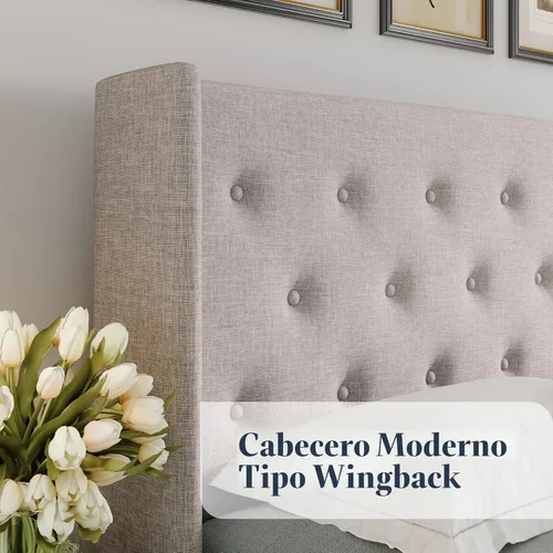 Miniatura 4 de Allewie Cama de almacenamiento elevable tamaño Queen, cabecero capitonado con botones con respaldo de ala, soporte hidráulico, no necesita somier