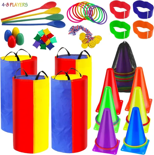 Juego de 53 piezas para césped al aire libre, carnaval, sacos de patatas, bolsas de carreras de huevos y cucharas, anillo de carrera, bolsa de