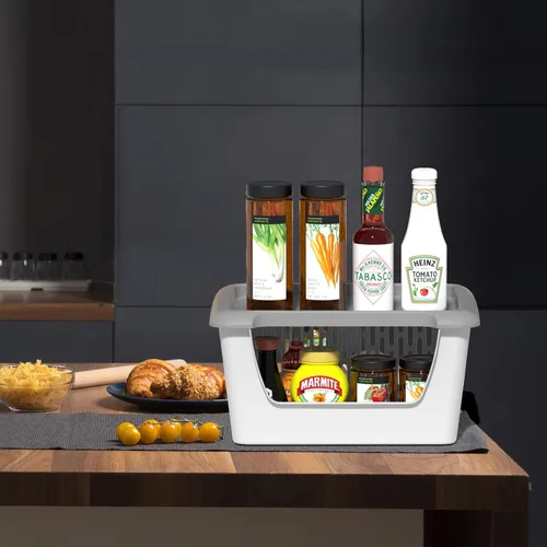 Miniatura 5 de Morcte Paquete de 5 cestas de almacenamiento apilables de plástico con tapas, cesta organizadora apilable con ruedas, color gris Stacking