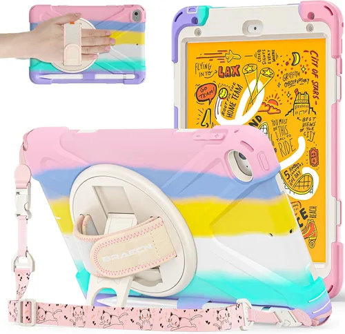 Miniatura 14 de BRAECNstock para Apple iPad mini 5/4 Funda 2019/2015 19,9 cm, Funda Protectora a Prueba de Golpes con Soporte para Lápices, Correa Giratoria