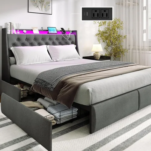 Marco de cama tamaño completo con 4 cajones de almacenamiento y luces LED, marco de cama tamaño completo con cabecera tapizada y estación de carga,