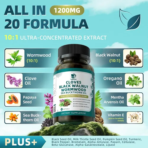 Miniatura 2 de Lukaree Limpieza de clavo de nogal negro de ajenjo para humanos, cápsulas blandas 20 en 1 extra fuertes Limpieza intestinal y salud digestiva