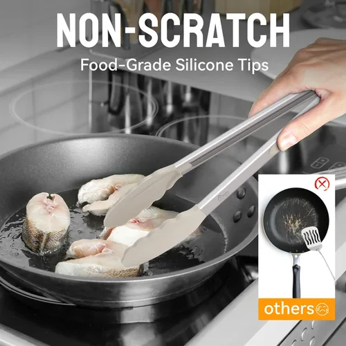 Miniatura 3 de HOTEC Pinzas de cocina de acero inoxidable de alta calidad con puntas de silicona, juego de 2-9 pulgadas y 12 pulgadas, caqui Paquete de 2: caqui