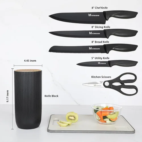 Miniatura 3 de Juego de 6 cuchillos de cocina negros con bloque, acero inoxidable antiadherente, cuchillos antioxidantes para cocinar, rebanar y hornear, perfecto