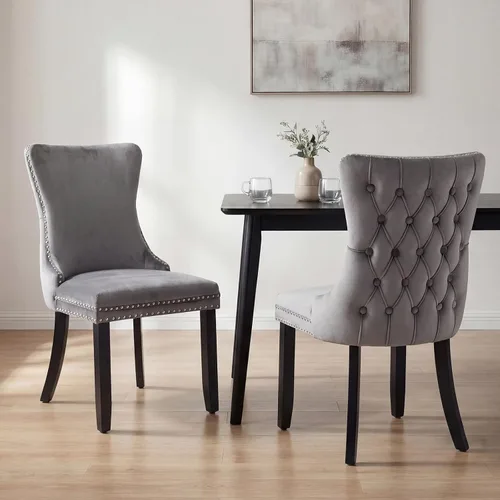 Miniatura 10 de OVENTA Juego de 4 sillas de comedor modernas tapizadas con respaldo completo, sillas de comedor de terciopelo dorado con patas de madera maciza
