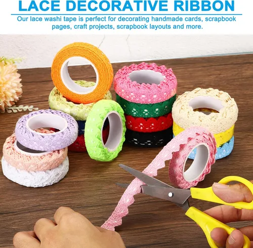 Miniatura 4 de PATIKIL Cinta de encaje autoadhesiva de 0.6 pulgadas de ancho, 2 yardas, paquete de 3 calcomanías de algodón con ribete Washi para manualidades