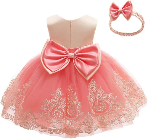 CMMCHAAH - Vestidos de fiesta y concurso, con encaje y bordado, con lazo, tutú y diadema, para bebés y niñas, tallas 0-6T