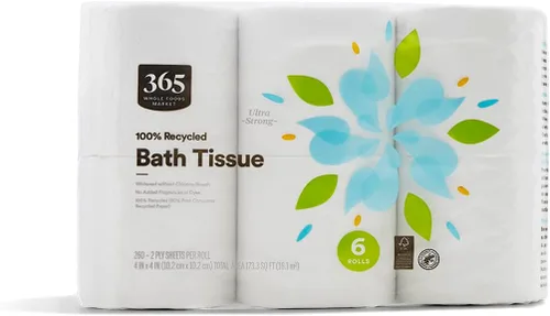 365 by Whole Foods Market, Papel de baño 100% reciclado, ultra fuerte, 260 hojas por rollo, 6 unidades