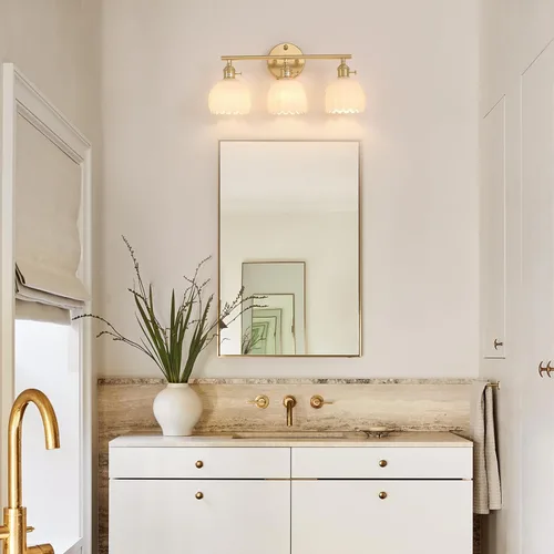 Miniatura 2 de Shenmoyl Accesorios de Iluminación para Baño, Lámpara de Pared de Tocador de Latón de 3 Luces Sobre Espejo con Pantalla de Cristal Tulipán Blanco
