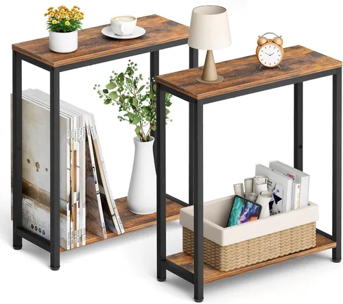 Miniatura 8 de SLEEPING LAMB Mesa auxiliar estrecha pequeña para espacio pequeño, mesa auxiliar de sofá de 2 niveles, mesa de noche delgada para sala de estar