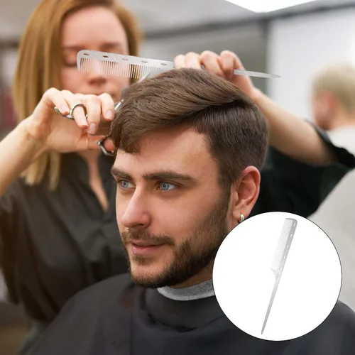Miniatura 6 de Peine de cola de rata de metal con púa de metal, peines de pelo de acero inoxidable, parte superior plana, peines de corte fino, peine de peluquero