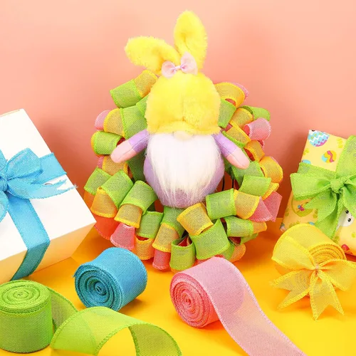 Miniatura 7 de 4 rollos de cintas de arpillera de Pascua con alambre, cinta de borde sólido con alambre, cinta de arpillera, cinta de arpillera con alambre