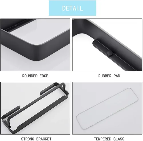 Miniatura 5 de Estante de vidrio templado para baño de 15.7 pulgadas con toallero, organizador de ducha de aluminio montado en la pared, gabinete de almacenamiento