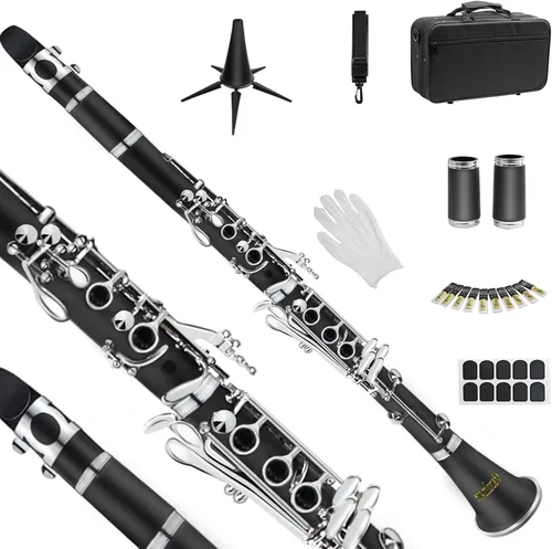 Miniatura 10 de Soulmate Bb Flat - Clarinete para estudiantes principiantes con 17 teclas de níquel con 2 barriles y kit de limpieza para clarinete, color azul