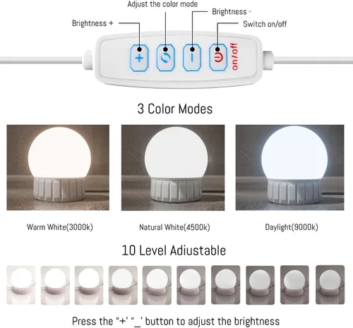 Miniatura 2 de Luces LED de espejo de tocador estilo Hollywood, luz de relleno USB, temperatura de color ajustable y brillo, adecuada para espejo de cuerpo
