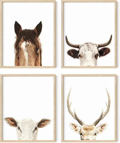 HAUS AND HUES Arte para pared, juego de 4 impresiones rústicas de animales de granja (impresiones artísticas, 8 x 10, marco beige, decoración