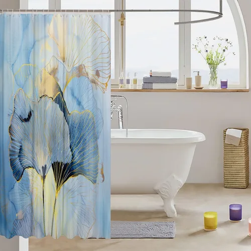 Miniatura 3 de Castle Fairy Cortinas de ducha de hojas de ginkgo, moderna cortina de baño azul fluida de mármol, hojas doradas de lujo, juego de decoración de baño