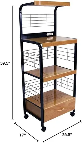Miniatura 2 de HomeStock Asian Allure - Carrito de cocina para microondas de 59.5 pulgadas de alto y 4 niveles con cajón y tomacorriente, color negro y natural