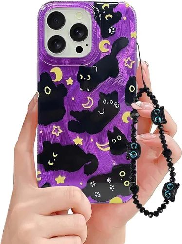 Miniatura 10 de Funda de teléfono para iPhone 11 con patrón de gato lindo, estética, genial y femenina con correa de encantos de teléfono y cadena, funda protectora