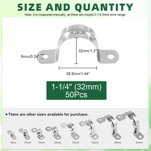 Miniatura 2 de Keadic 50 piezas M32 métrica de dos agujeros correa de tubo con soporte en U, clips de tensión de acero inoxidable 304, abrazadera de correa rígida