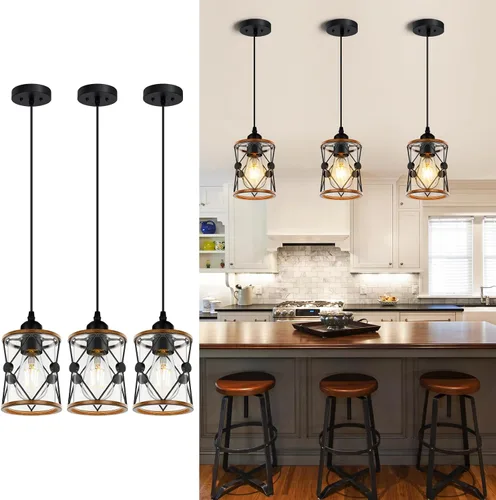 Miniatura 11 de Lámpara colgante de granja, luces colgantes rústicas negras para isla de cocina, iluminación de techo colgante industrial sobre mesa con pantalla